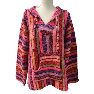 Artesanias Cuamatzi Mexican Poncho Hoodie  Multicolored Striped Kangaroo Pockets